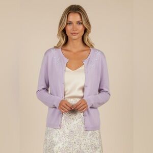 Montania Cardigan Sweater Embroidered Floral Knit Button Up‎ Lavender XL